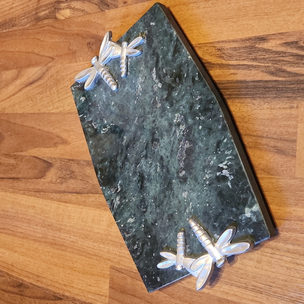Green Marble Stone Platter with Silver Metal Dragonfly Charcuterie Cheese Board